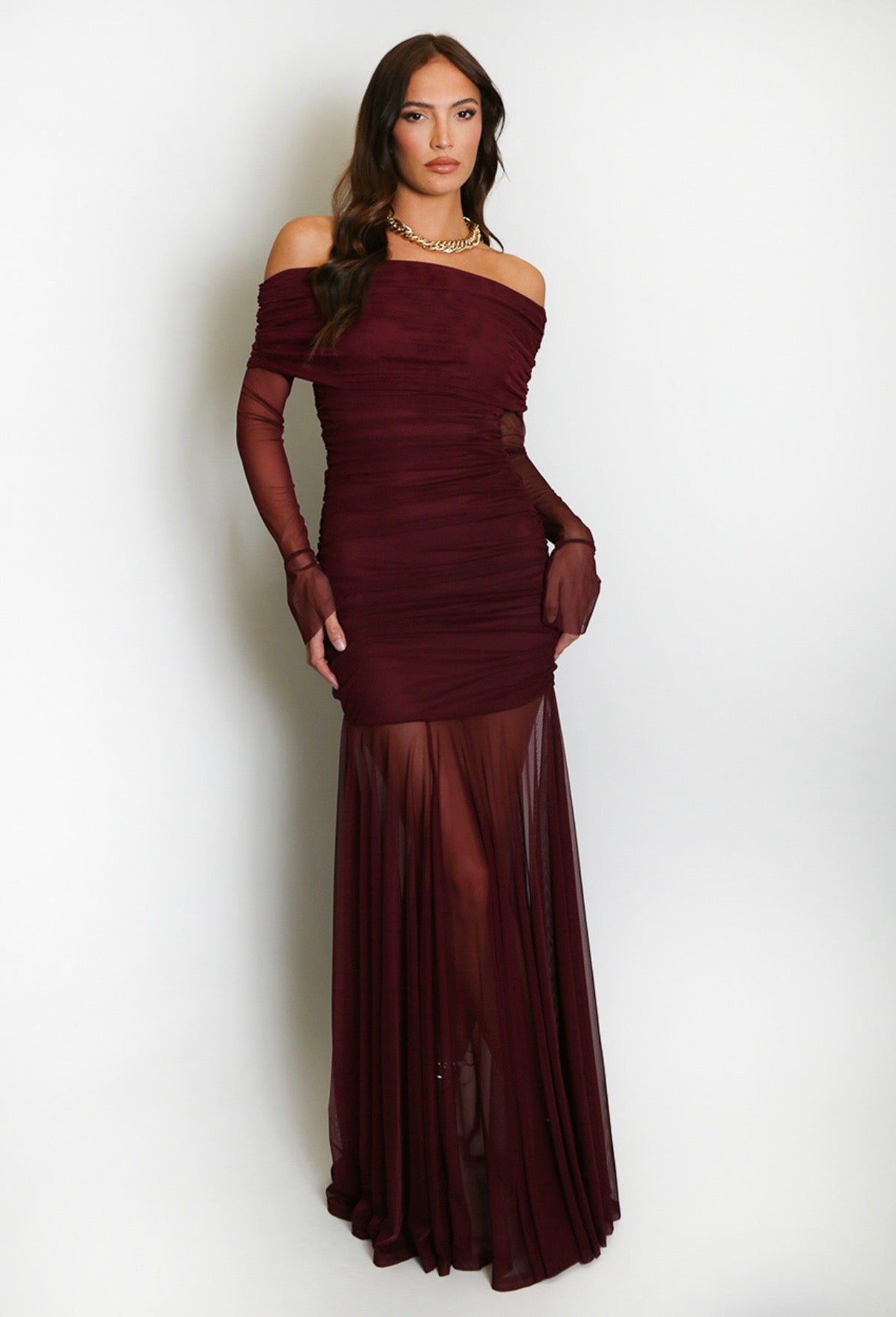 Mesh Hem Bardot Maxi Dress